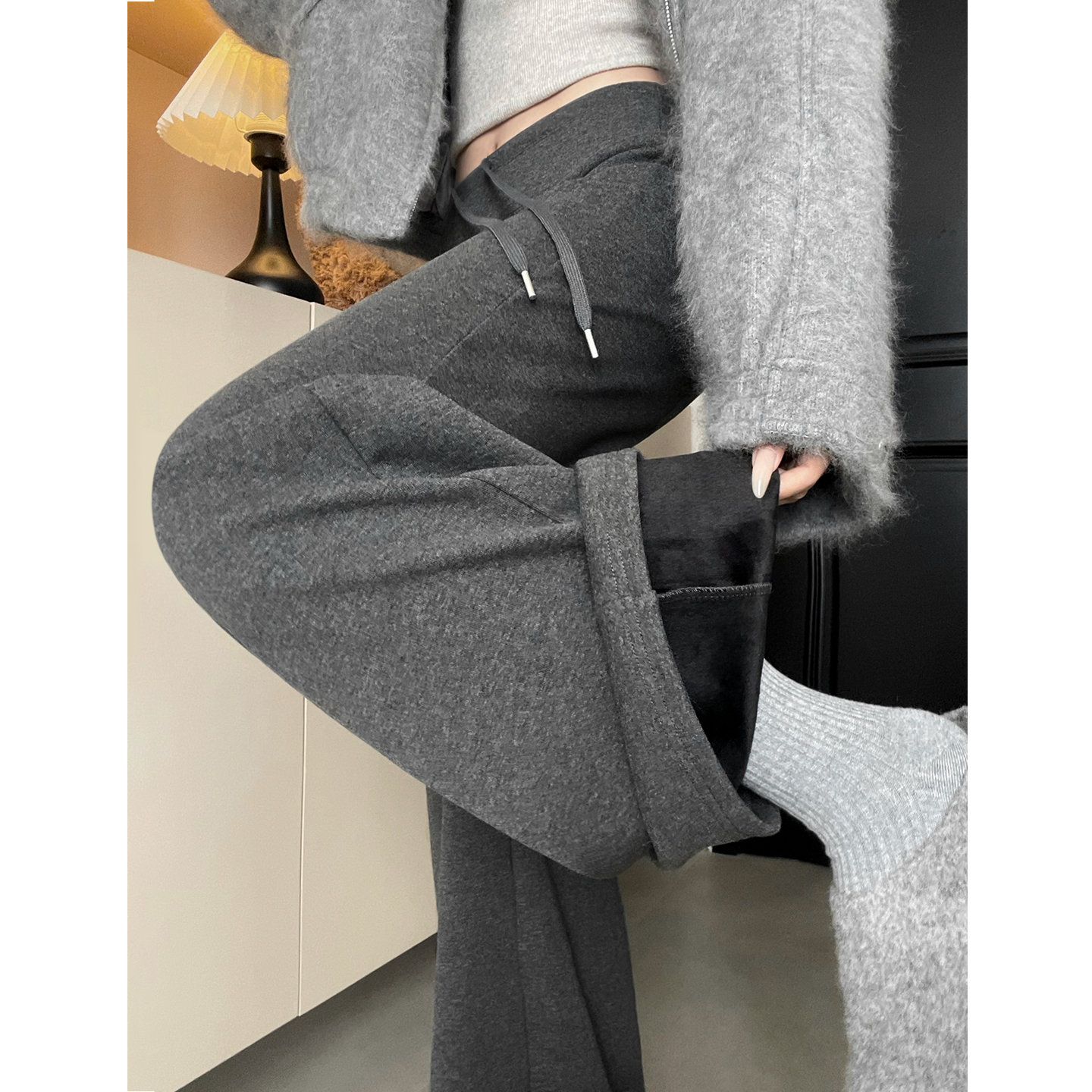 灰色加绒裤子女2025年冬新款加厚