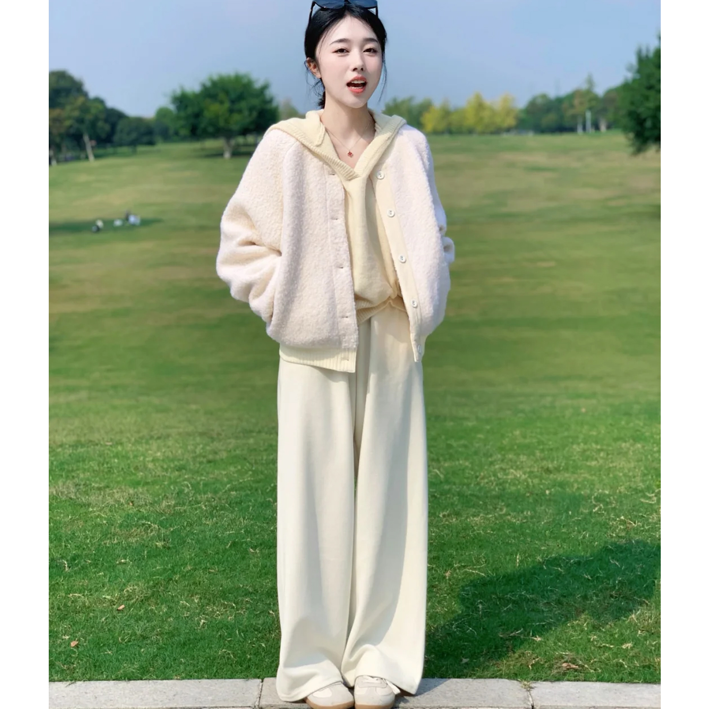 白色阔腿裤女2025新款冬加绒高腰