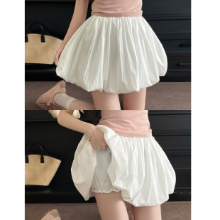 白色花苞短裙女夏季 防走光蓬蓬半身百褶裙子 高腰a字小个子南瓜裤