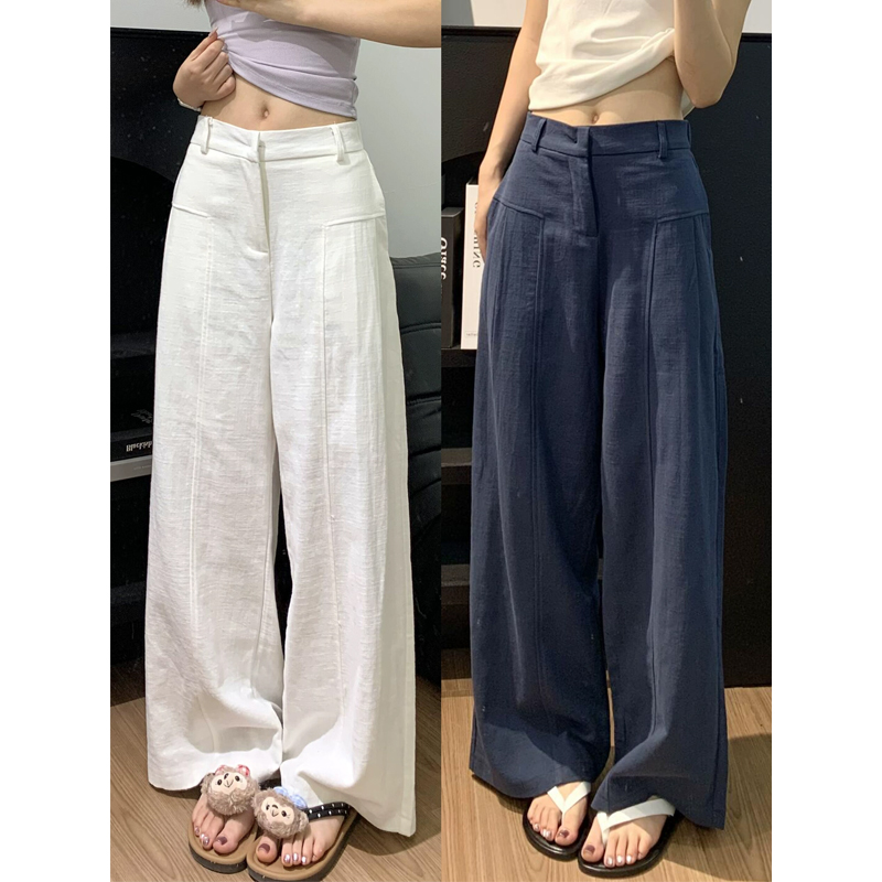 藏青色亚麻垂感阔腿裤女2025秋季