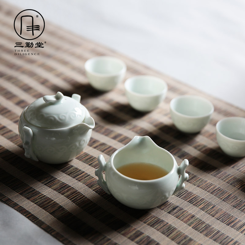 三勤堂功夫茶具景德镇陶瓷手抓壶公道杯影青雕刻手工回纹茶具家用在类目 餐饮具, 茶具, 功夫茶具中 - 来自Buy2taobao.com提供专业的淘宝代购服务