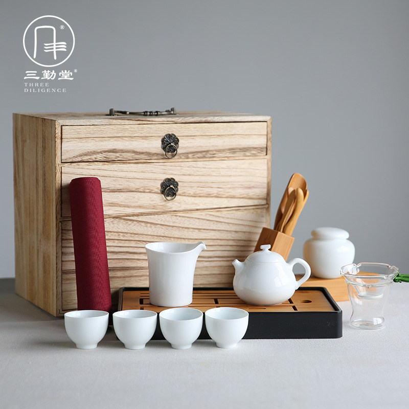 三勤堂整套功夫茶具家用收纳箱送景德镇白色陶瓷茶杯盖碗茶盘套装