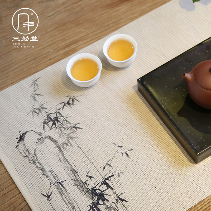 三勤堂草编茶席 手绘竹席麻布包边防水禅意布艺中国风桌旗s03017