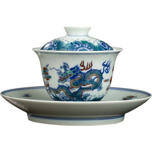 三勤堂景德镇陶瓷茶具青花斗彩双龙戏珠三才盖碗中式茶碗单个带盖