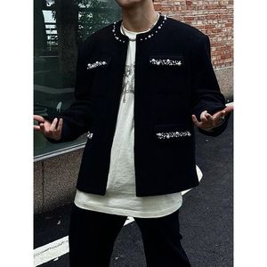 原创小香风夹克男秋轻奢珍珠重工设计四口袋高级立领外套B114 P75图片