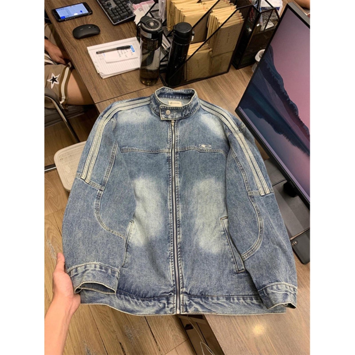 侧边条纹牛仔外套男秋款美式复古高级感欧美潮牌条纹立领J43P75，男装工装外套，电商D256-2(原A064-2)