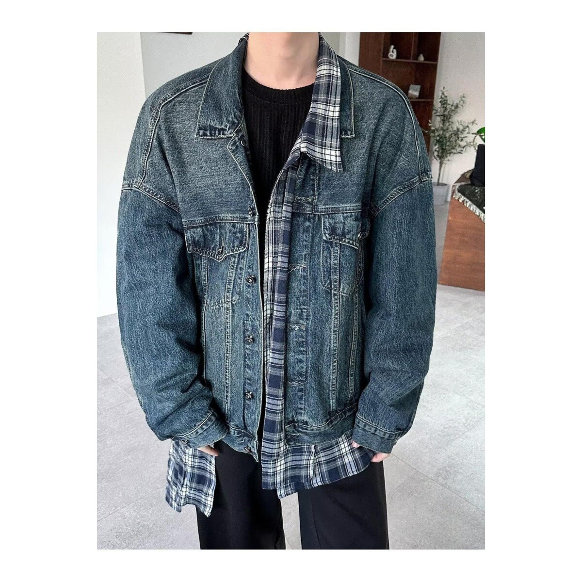 小众假两件不规则牛仔夹克格子拼接设计叠穿宽松衬衫外套M341P75,男装衬衫,电商D256-2(原A064-2)