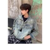 潮牌重工做旧钉珠牛仔外套复古美式浅色牛仔夹克上衣NB131p75，女装短外套，电商D256-2(原A064-2)