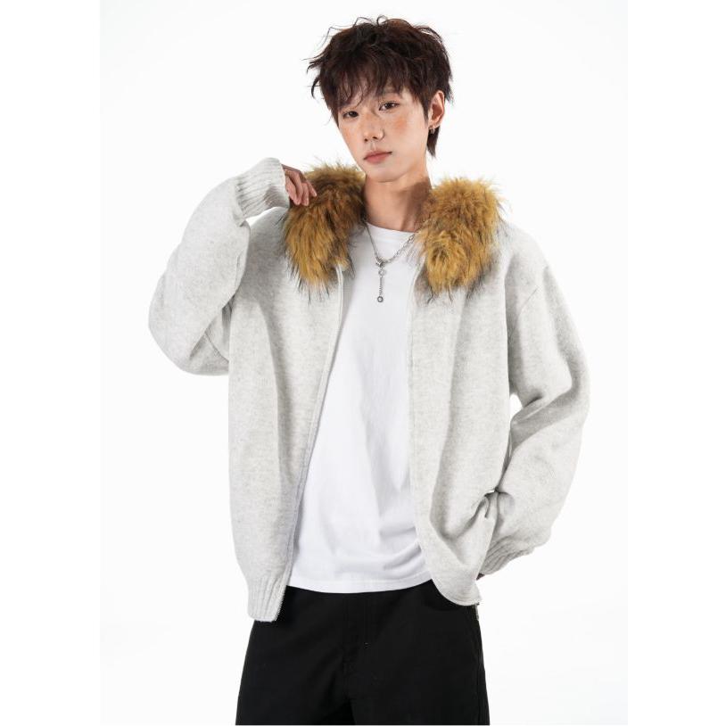 美式复古加厚毛领连帽毛衣外套宽松百搭针织衫保暖上衣NB316p75，男装针织衫/毛衣，电商D256-2(原A064-2)