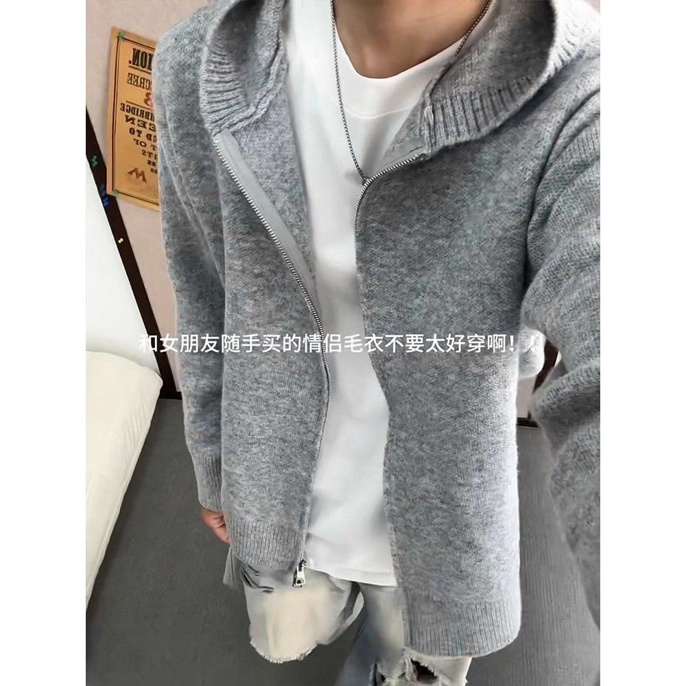 慵懒风双拉链针织连帽开衫卫衣美式复古软糯毛衣外套NB228P45特,男装针织衫/毛衣,电商D256-2(原A064-2)