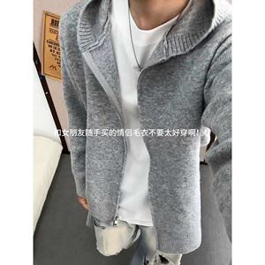 慵懒风双拉链针织连帽开衫卫衣美式复古软糯毛衣外套NB228 P45特图片