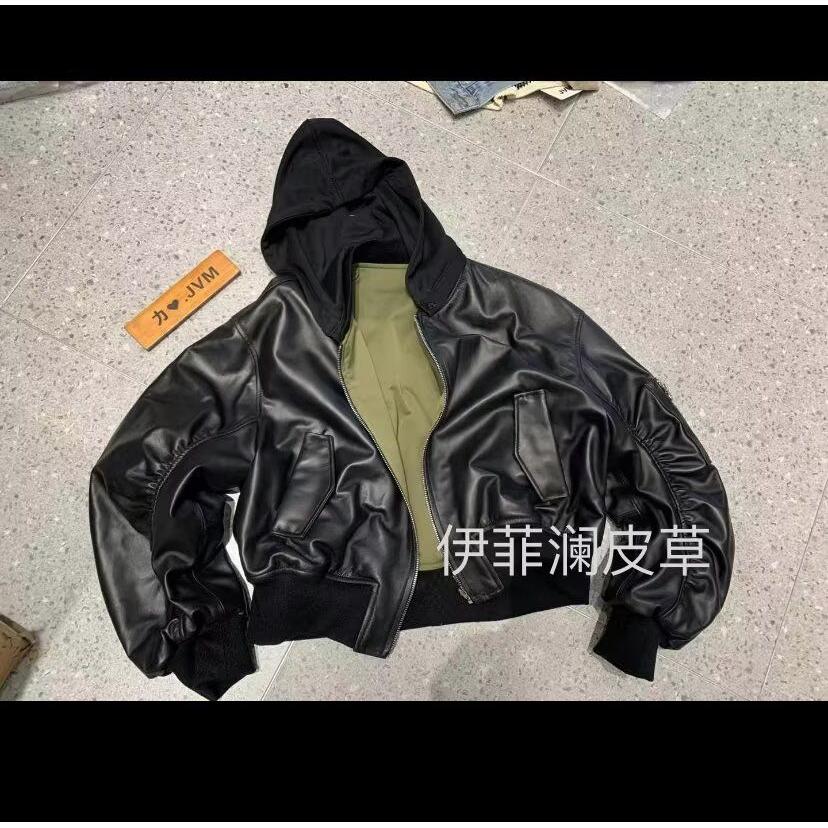 皮衣bomber双层假两件连帽外套飞行员夹克皮质棉服ma1潮NB52P90,男装皮衣,电商D256-2(原A064-2)