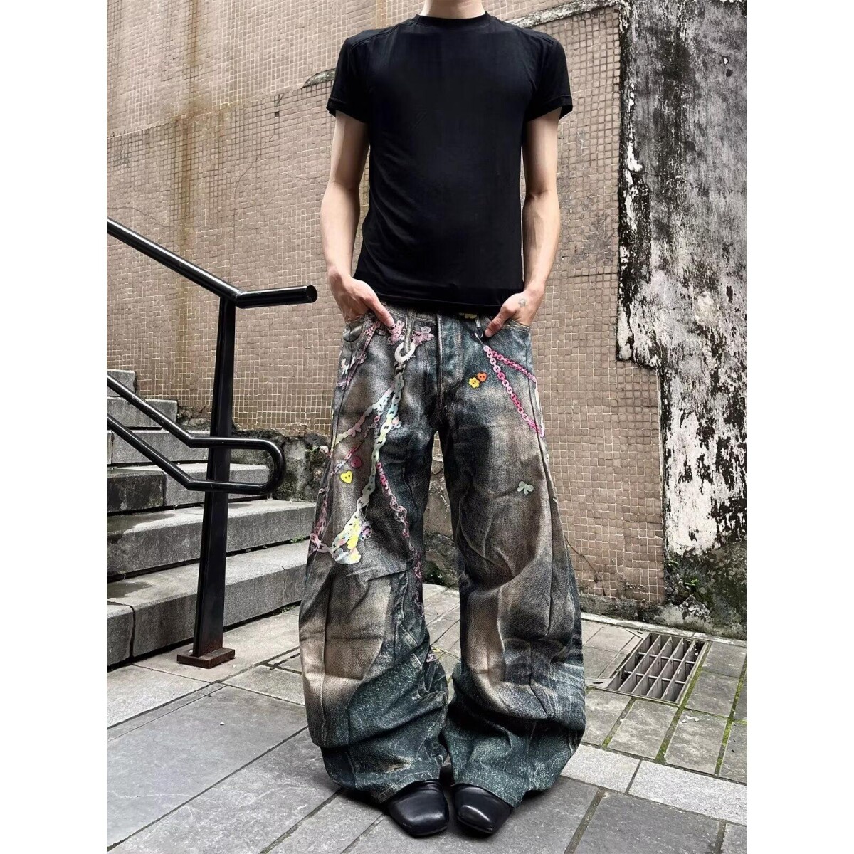 港风潮男夏季新款字母牛仔裤嘻哈ins潮高街潮流痞帅长裤Q27P55,男装牛仔裤,电商D256-2(原A064-2)