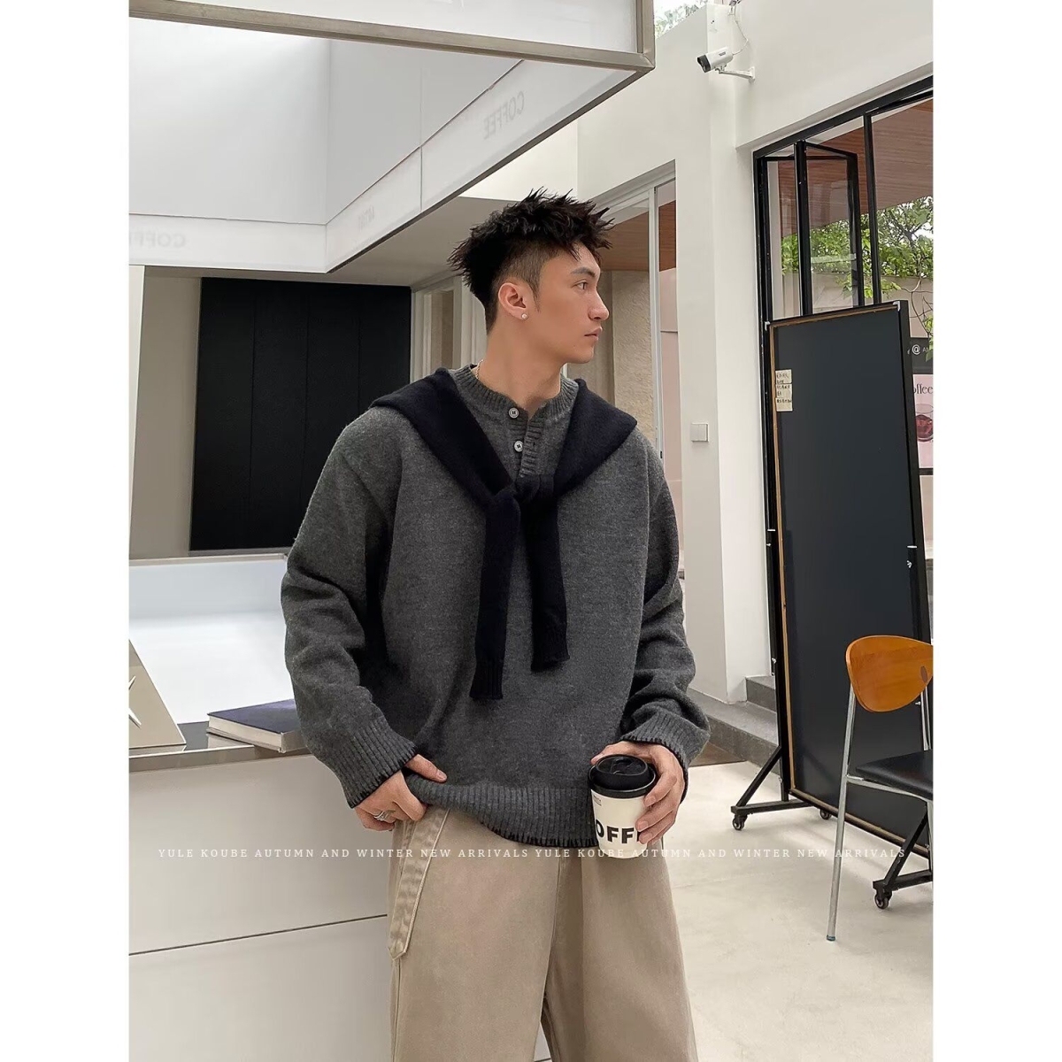 秋冬开衫毛衣美式复古休闲慵懒风V领针织衫男纯色外套NB174P65，男装针织衫/毛衣，电商D256-2(原A064-2)
