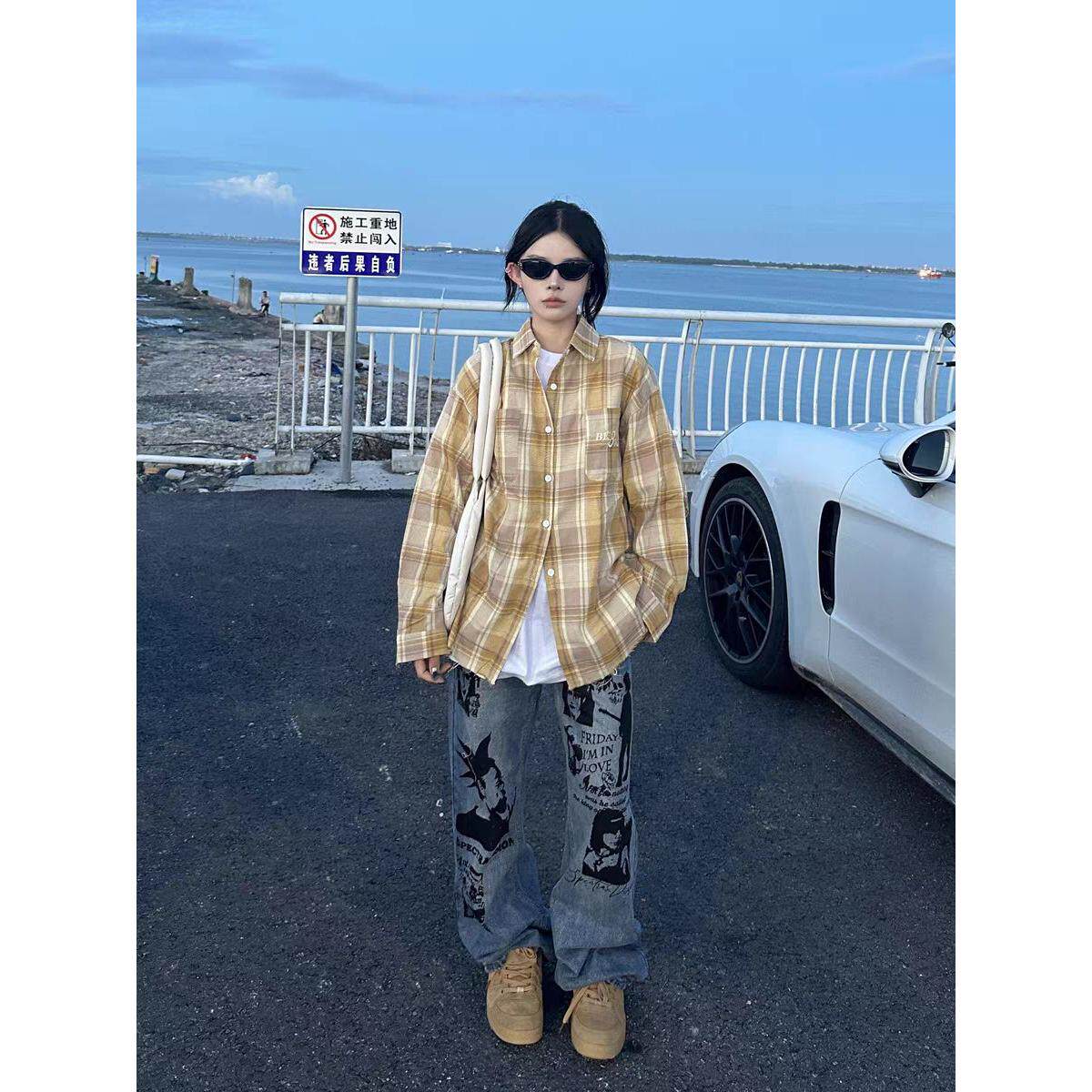 格子长袖衬衫日系港风宽松衬衣男生夏季潮流百搭休闲外套D34P35,男装衬衫,电商D256-2(原A064-2)