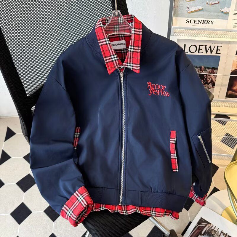 美式复古拼接格子牛仔外套街头短款修身时尚工装夹克男NB95P55,男装工装外套,电商D256-2(原A064-2)