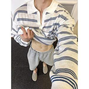 拼色长袖Polo衫男刺绣字母美式复古宽松半拉链卫衣NB65 p45图片