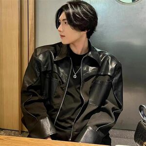 高级小众解构pu皮衣拼接机车皮衣短外套男痞帅夹克潮牌NB86P70