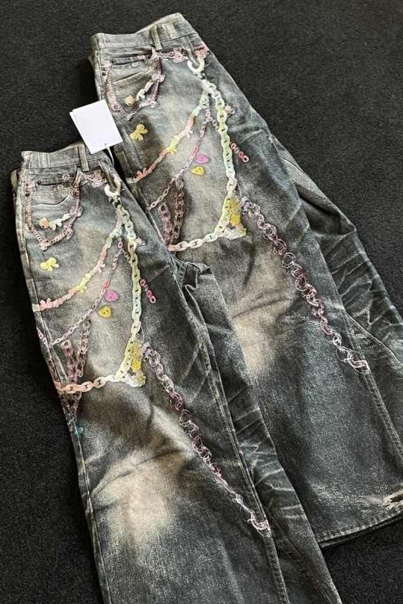 牛仔裤子朋克重工拖地裤美式复古高街hiphop嘻哈链条印花4668P55,男装牛仔裤,电商D256-2(原A064-2)