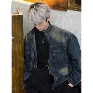 宽松牛仔短夹克男水洗做旧立体口袋美式工装全棉立领外套SK19 P65图片