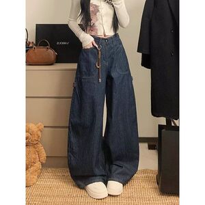 美式藏蓝色条纹弯刀牛仔裤口袋休闲宽松工装直筒长裤NB327 p50图片