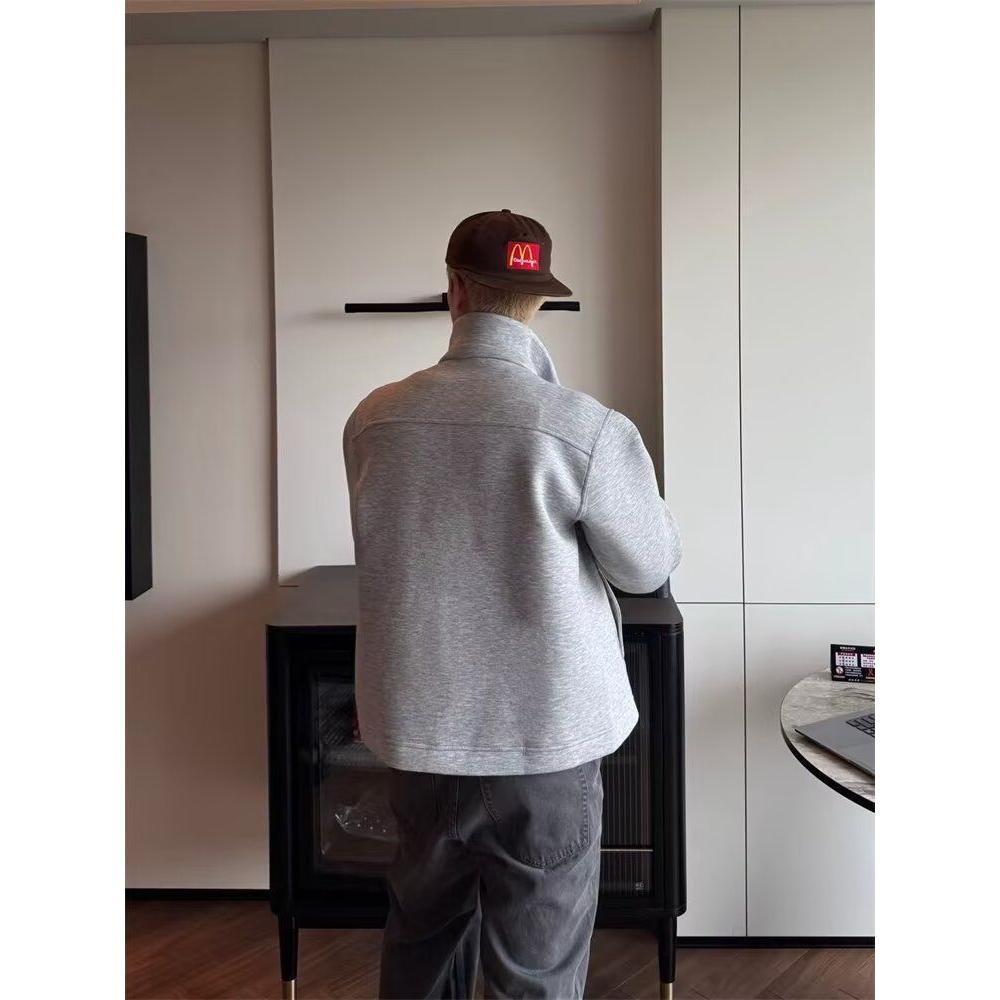 浅灰色正肩短款夹克男秋季痞帅开衫翻领卫衣cleanfit短宽boxy外套,男装夹克,电商D256-2(原A064-2)