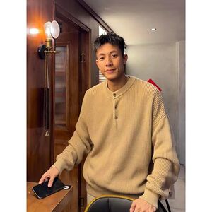 卡其复古纯色亨利领毛衣秋休闲百搭套头针织衫上衣NB178 P55图片