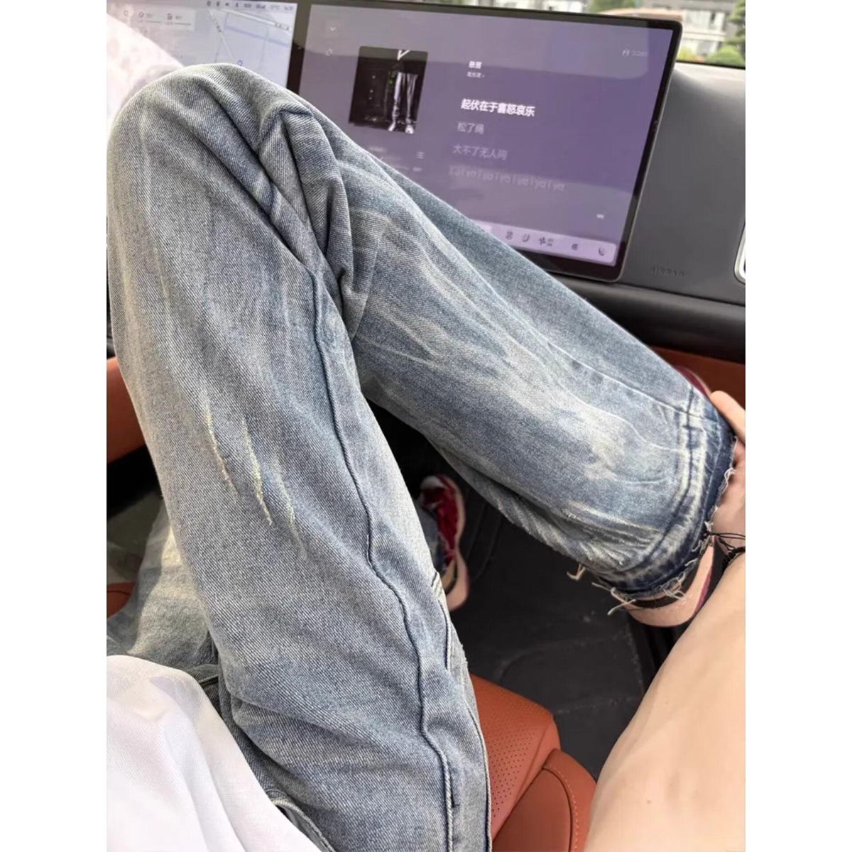 蓝色毛边闪电纹牛仔裤直筒美式vibe风裤高街微喇叭裤X234P45，男装牛仔裤，电商D256-2(原A064-2)
