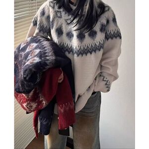 韩chic秋冬圆领宽松百搭费尔岛提花长袖软糯针织毛衣NB381 P65图片