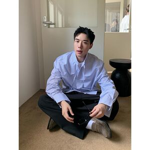 美式简约拼色条纹长袖衬衫男女高级感宽松百搭开衫衬衣NB73P45
