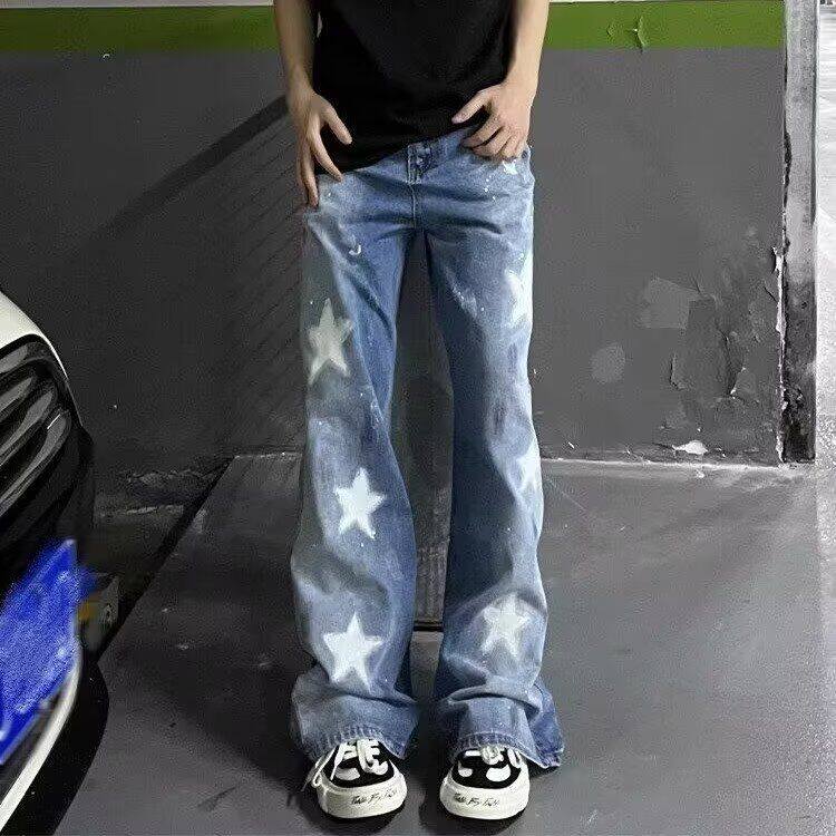 美式高街潮牌印花牛仔裤直筒做旧潮流个性阔腿痞帅长裤GT186P45,男装牛仔裤,电商D256-2(原A064-2)