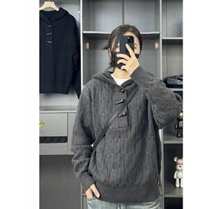 牛角扣连帽毛衣 美式连帽学院风麻花蚂蚁针织衫复古外套NB91 P75图片