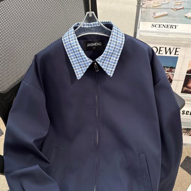 简约格子假两件夹克polo翻领潮流无帽套头上衣JKK29p65,男装夹克,电商D256-2(原A064-2)