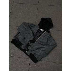 美式复古假两件连帽外套拼接纹理感短款PU皮衣夹克潮SK25 P80图片