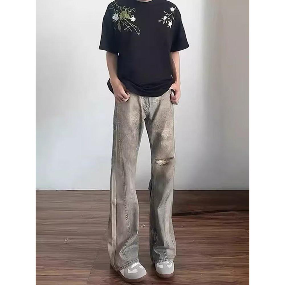 美式复古做旧牛仔裤拖地裤显瘦不规则拼接垂感微喇裤子Q29P55,男装牛仔裤,电商D256-2(原A064-2)