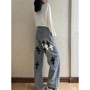 重工贴皮十字架刺绣拖地阔腿直筒牛仔裤男宽松轻奢长裤NB52 P60,男装皮裤,电商D256-2(原A064-2)