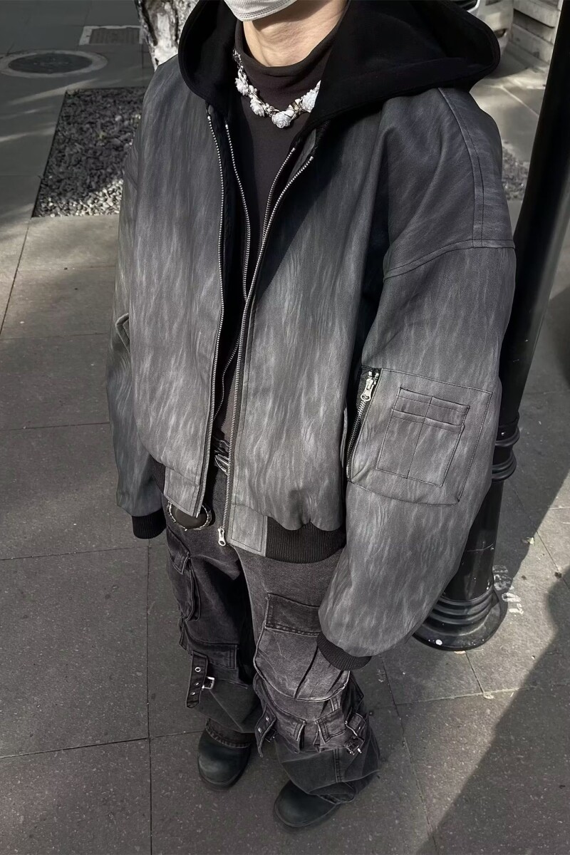 美式复古假两件连帽外套拼接纹理感短款PU皮衣夹克潮SK25P80,男装皮衣,电商D256-2(原A064-2)