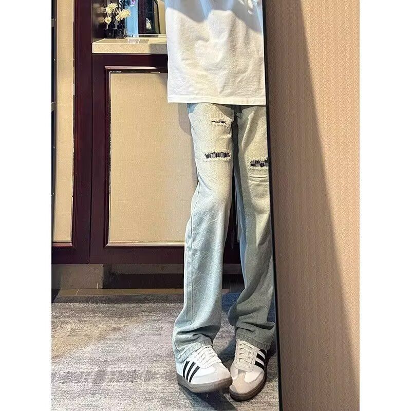 美式复古水洗做旧黄泥撞色破洞补丁牛仔裤痞帅裤子男G1091P45,男装牛仔裤,电商D256-2(原A064-2)
