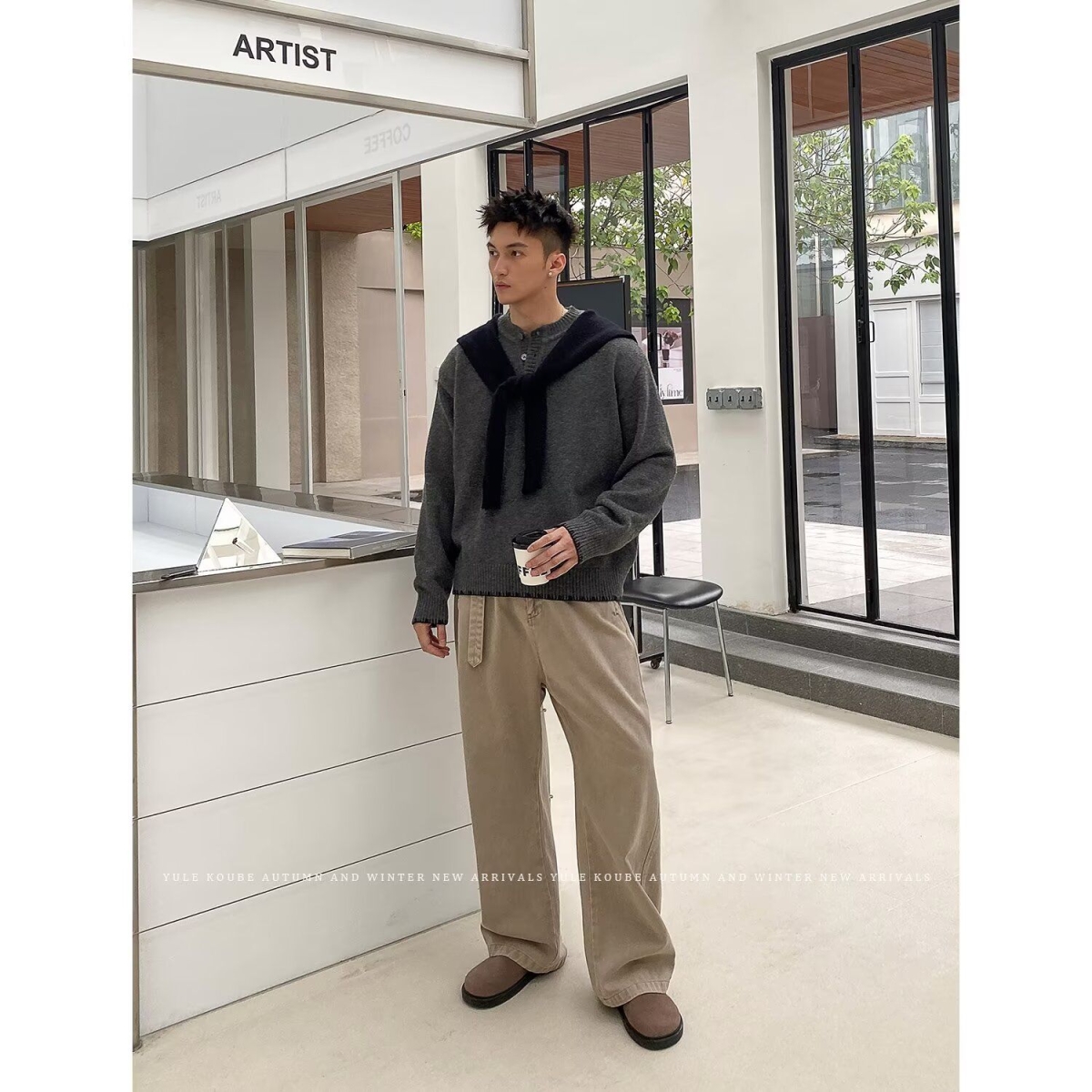 秋冬开衫毛衣美式复古休闲慵懒风V领针织衫男纯色外套NB174P65，男装针织衫/毛衣，电商D256-2(原A064-2)