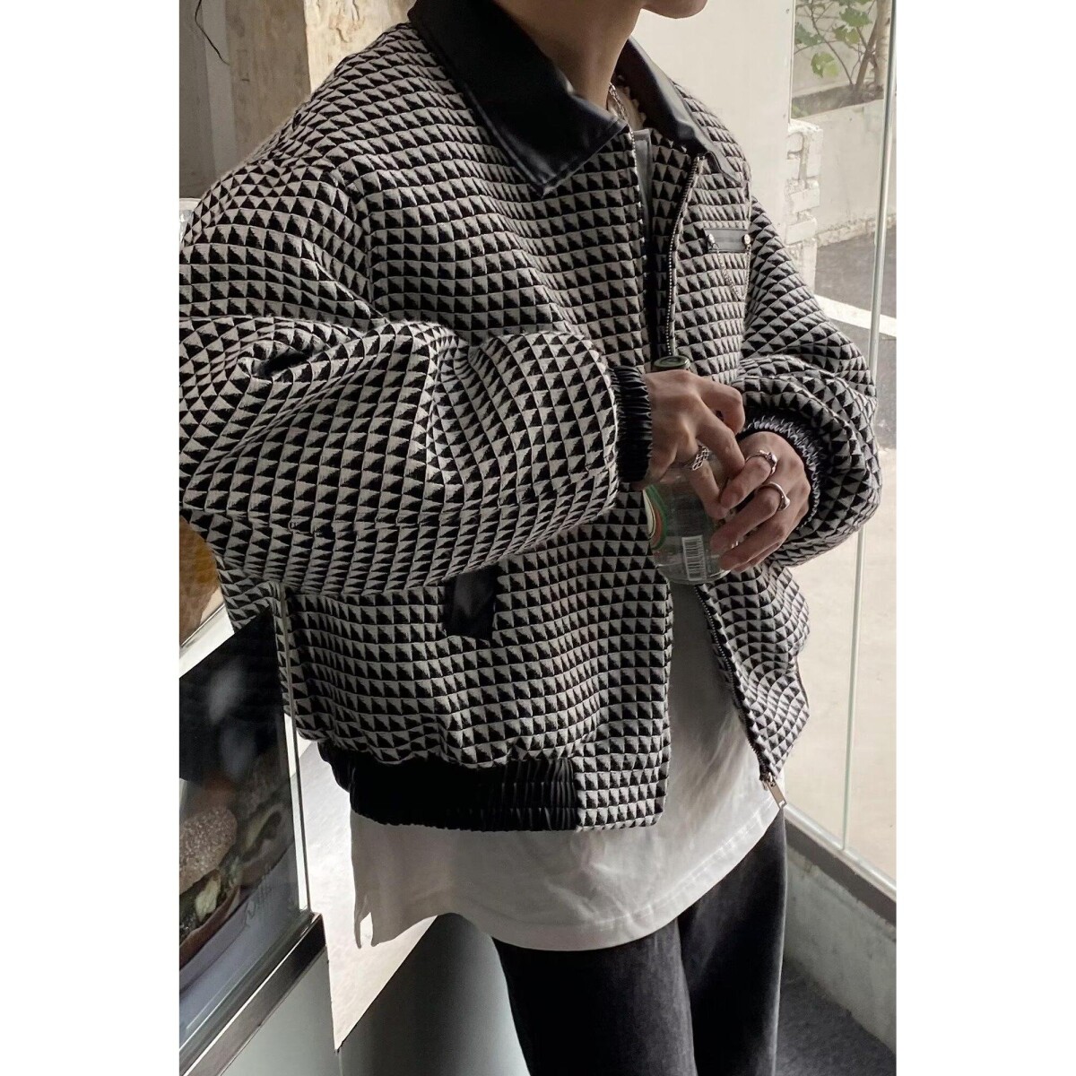 港风新款潮流时髦个性配皮造型宽松休闲夹克外套情侣款B112P70,男装夹克,电商D256-2(原A064-2)