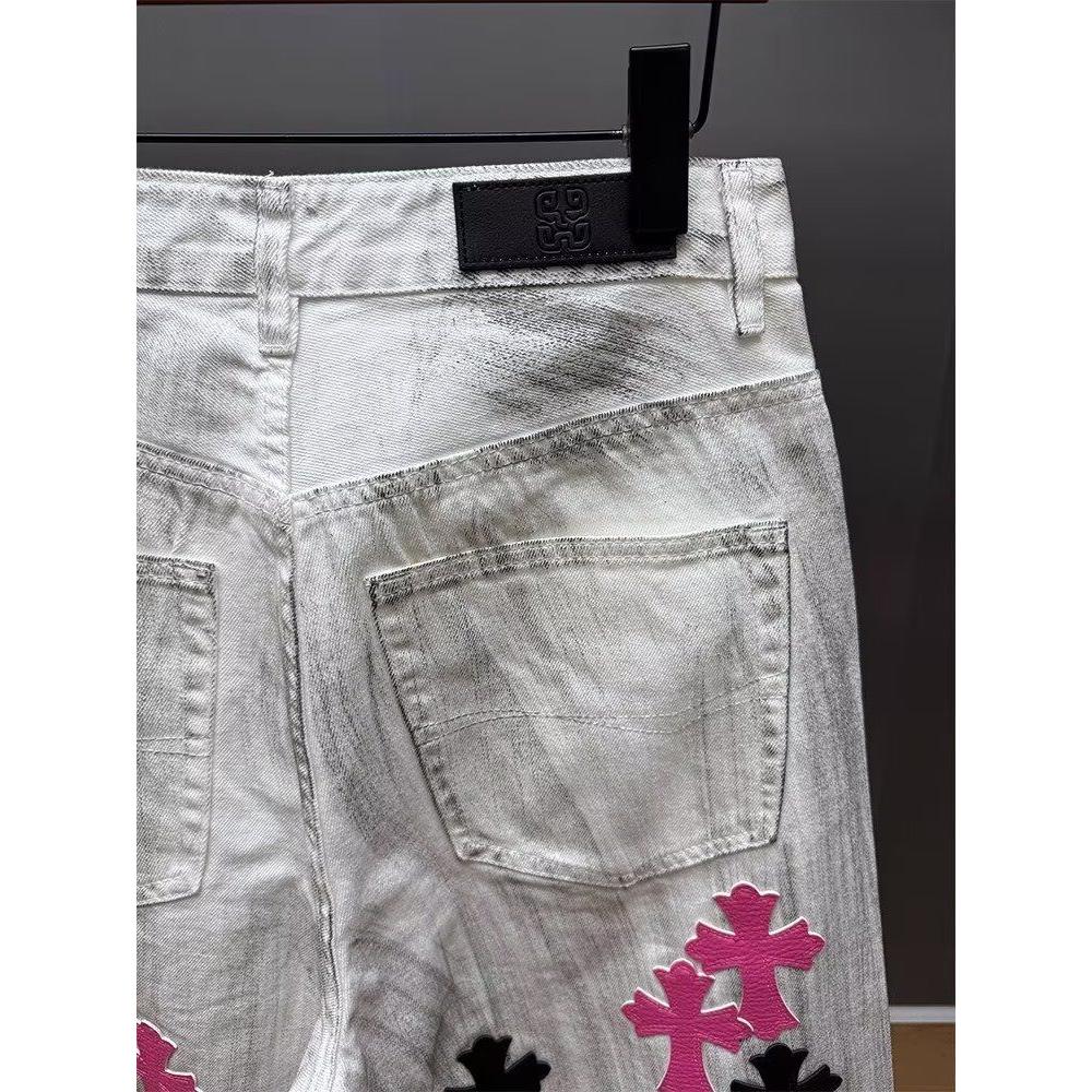 潮牌美式高街十字架贴皮刺绣牛仔裤男vibe风直筒裤子Q15P60,男装皮裤,电商D256-2(原A064-2)