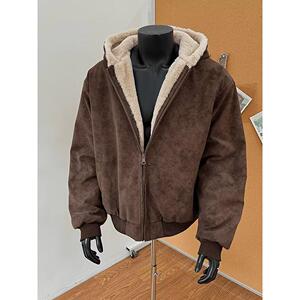 美式cleanfit灰PU皮座山雕外套加厚保暖仿兔毛连帽棉服NB272 P105图片