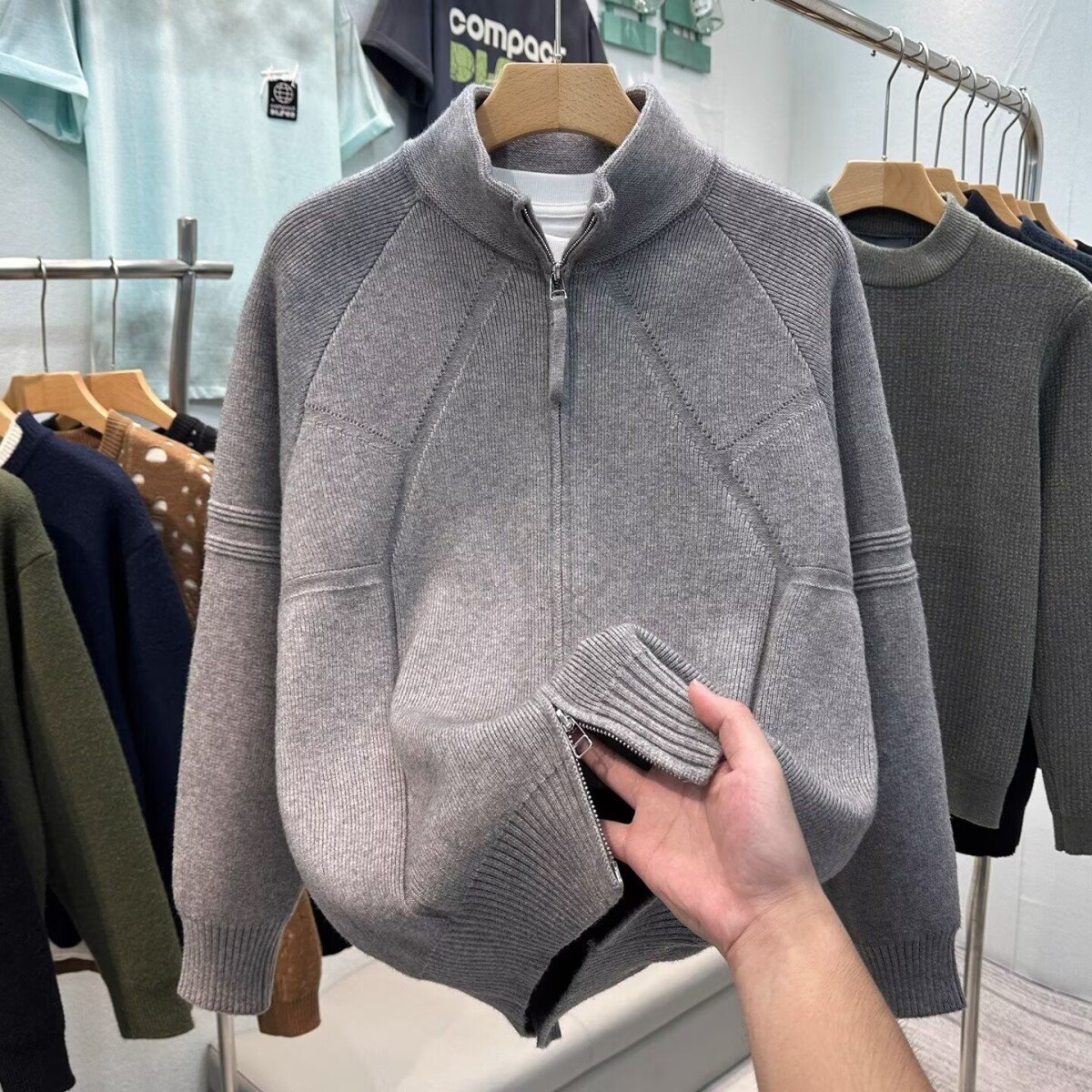 美式双拉链开衫毛衣男生休闲针织外套立领长袖夹克上衣NB284P55,男装针织衫/毛衣,电商D256-2(原A064-2)