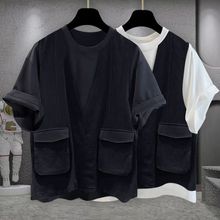 加肥特大码300斤工装口袋T恤短袖男装潮牌痞帅设计感假两件上衣夏