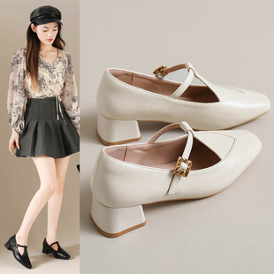 复古玛丽珍鞋 秋季 法式 女2025新款 粗跟中跟单鞋 T字扣带浅口小皮鞋