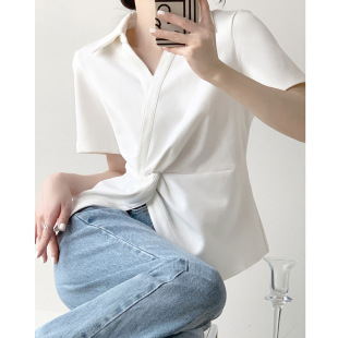 白色垂感衬衫 上衣ins潮 女设计感小众2025新款 夏轻熟港风复古短袖
