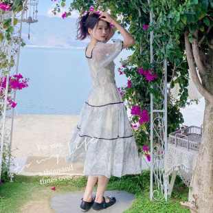 法式 茶歇高级感海边度假仙女裙子 复古风雪纺印花连衣裙女夏季 新款