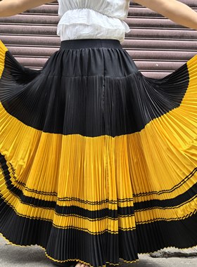 彝族服装女大裙摆舞蹈裙复古百褶裙子金黄色少数民族风格半身长裙