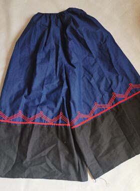 凉山彝族服装男装男裤复古传统黑彝大脚裤棉布宽大裙裤深蓝色