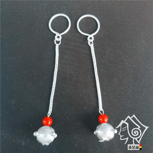 凉山彝族耳环纯银银线长流苏银珠红珠耳环中号复古民族风淑女包邮